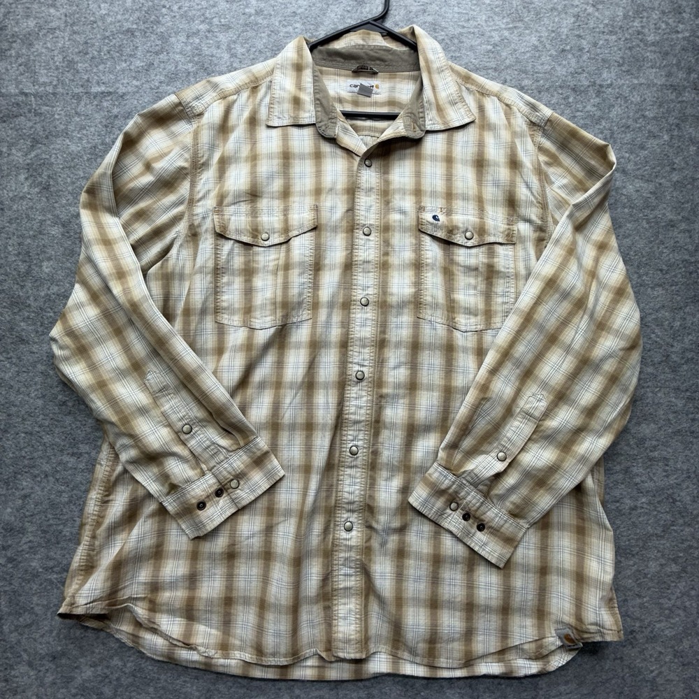 Carhartt Work Shirt Men 2XL Relaxed Fit Snap Front Cotton Beige Plaid